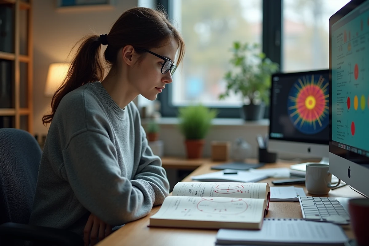 Scientifique étudiant les configurations électroniques de l'hydrogène dans un bureau de recherche universitaire avec des manuels de chimie ouverts