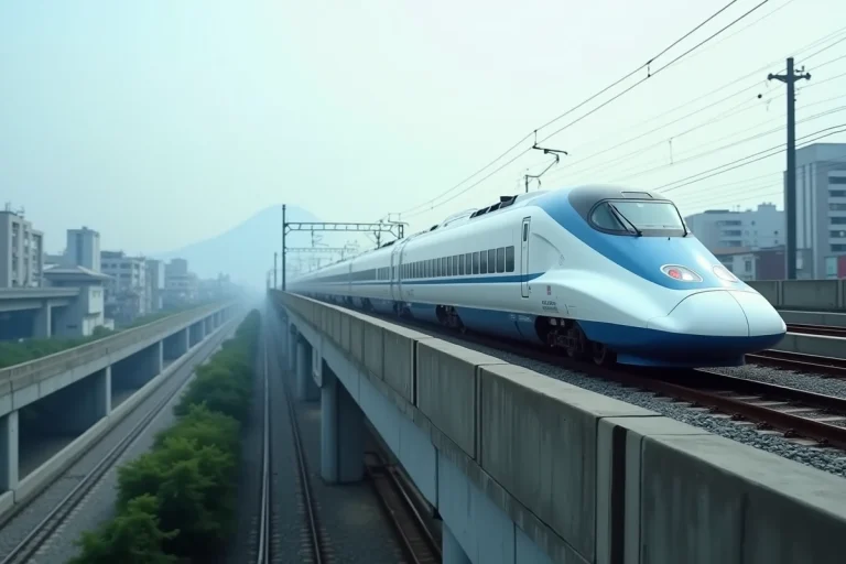 Train Shinkansen japonais sur viaduc urbain avec le mont Fuji en arrière-plan, symbole du système ferroviaire le plus avancé au monde
