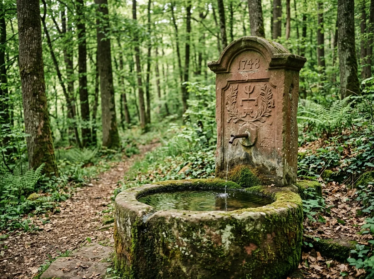 Fontaine ancienne en grès rose des Vosges dans un sous-bois paisible de l'Outre-Forêt