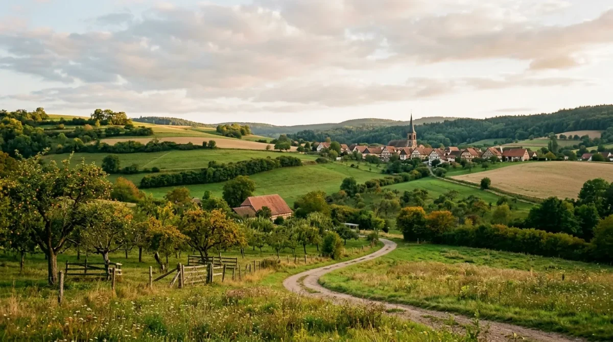 Paysage vallonné de l'Outre-Forêt dans le Soultzerland avec vergers traditionnels et clocher alsacien au loin