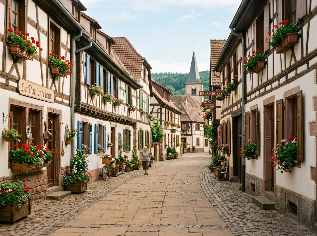 Ruelle authentique en Outre-Forêt avec maisons traditionnelles alsaciennes blanchies à colombages et géraniums