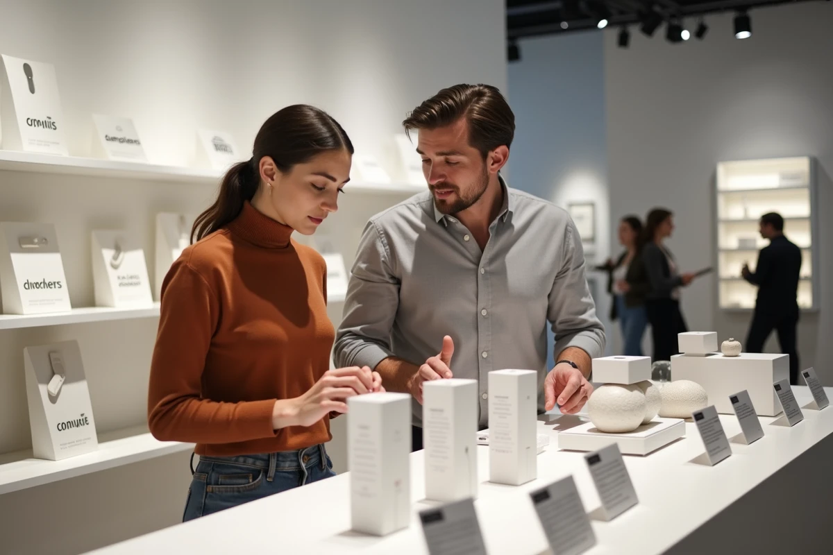 Deux professionnels discutant de la stratégie de vente d'un nouveau produit dans un espace retail moderne