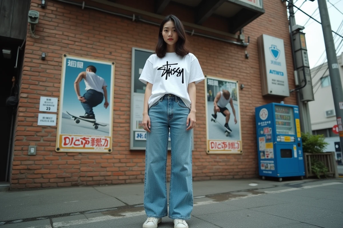 Jeune femme portant un t-shirt Stüssy dans une ruelle urbaine du quartier Harajuku à Tokyo, Japon