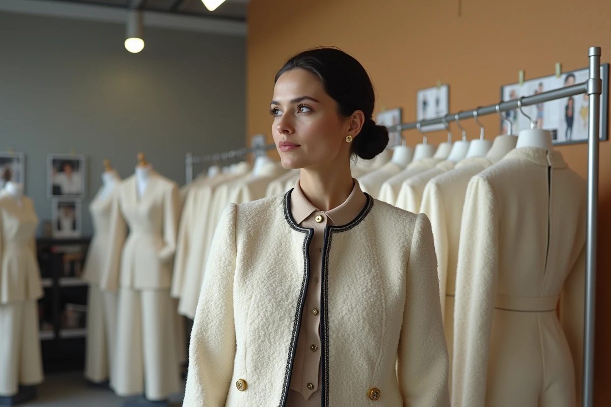 Styliste femme en veste boucle Chanel dans une salle de préparation de défilé haute couture