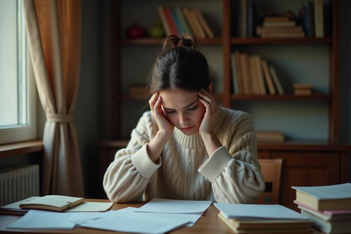 Jeune femme dans la vingtaine assise à un bureau encombré, les mains sur la tête, exprimant une détresse psychologique liée aux premiers épisodes de schizophrénie