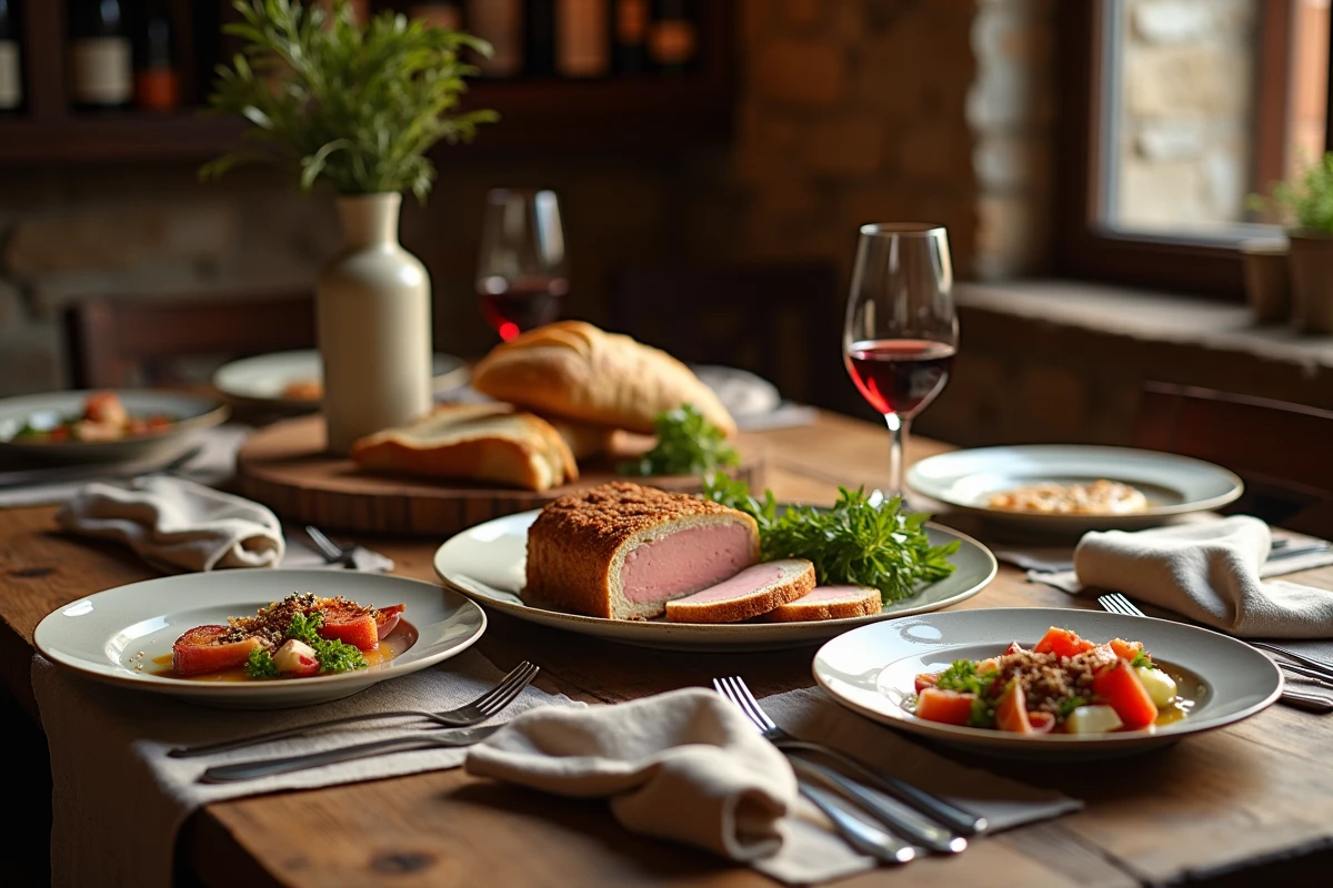 Table gastronomique française dressée avec foie gras, vin rouge et baguette dans un bistrot aux murs en pierre