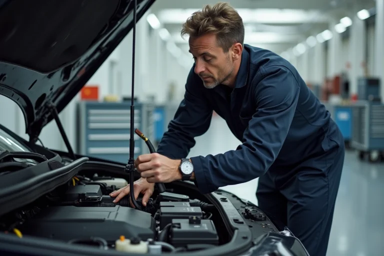 Technicien automobile inspectant une batterie hybride légère 48V dans un atelier de réparation professionnel