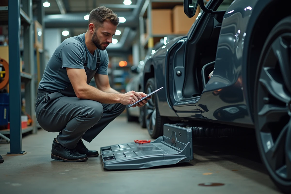 Technicien automobile inspectant un bloc batterie de voiture électrique dans un atelier de réparation