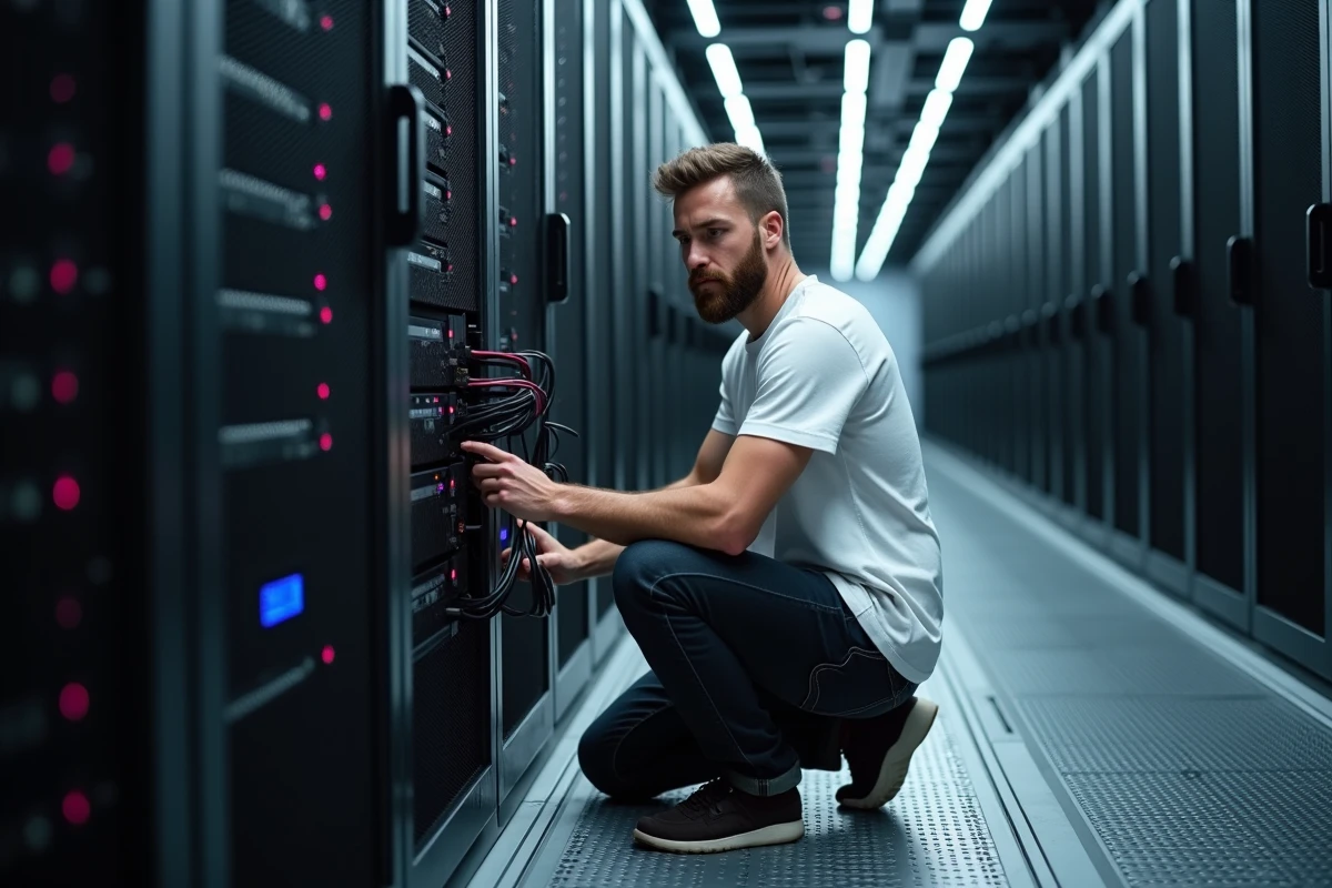 Technicien informatique inspectant des serveurs dans un couloir de centre de données sécurisé