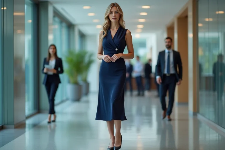Femme élégamment habillée en robe midi marine dans un hall de bureau moderne, tenue professionnelle adaptée au milieu de travail