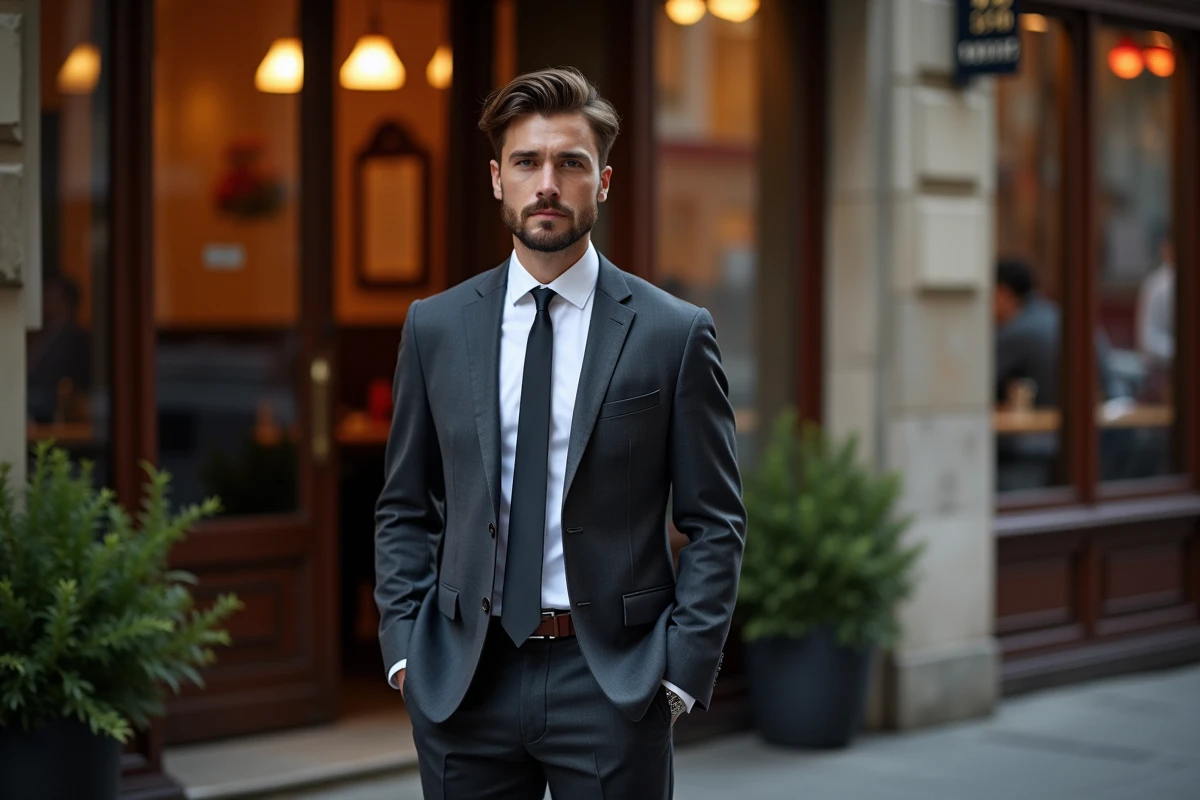 Homme en costume gris ajusté devant l'entrée d'un restaurant parisien, tenue de soirée élégante pour une occasion formelle