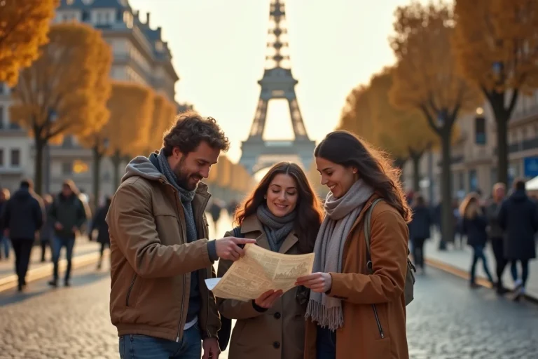 Groupe de touristes consultant une carte devant la Tour Eiffel à Paris en automne