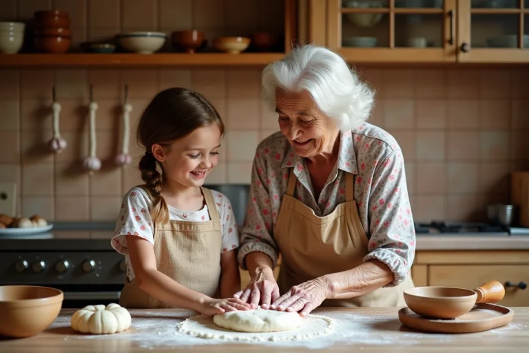 Grand-mère et petite-fille préparant ensemble une recette traditionnelle dans une cuisine rustique, transmission des savoirs culinaires entre générations