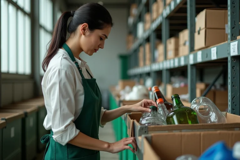 Femme triant des matériaux recyclables dans un centre de tri moderne, illustrant les principes de l'économie circulaire