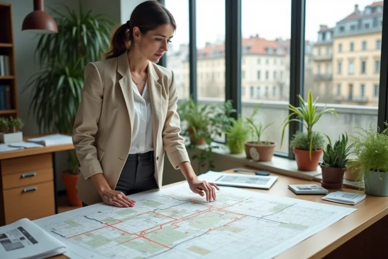 Urbaniste analysant des cartes de zonage urbain dans un bureau municipal avec vue sur la ville