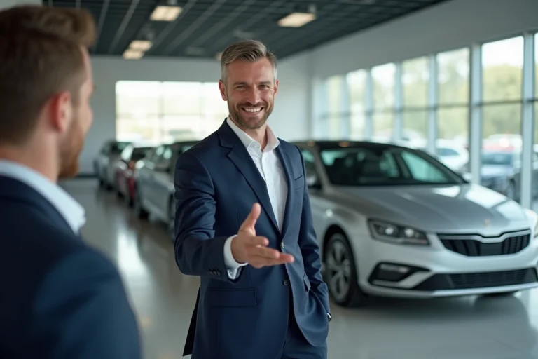 Vendeur automobile professionnel présentant une berline à un client dans un showroom moderne