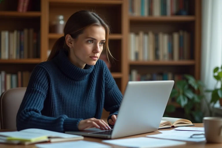 Femme vérifiant les sources d'une réponse ChatGPT sur son ordinateur portable entouré de livres de référence