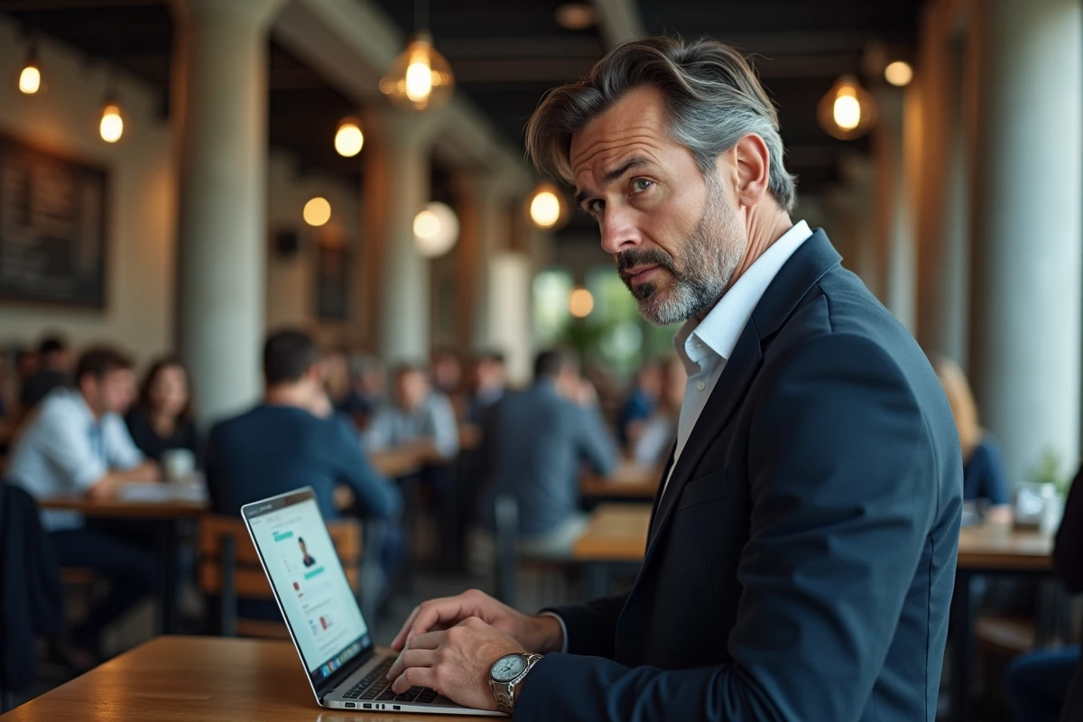 Homme utilisant un ordinateur portable dans un café public avec une expression méfiante, évoquant les enjeux de vie privée en ligne