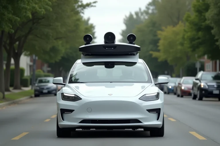 Voiture autonome équipée de capteurs lidar garée dans une rue suburbaine américaine