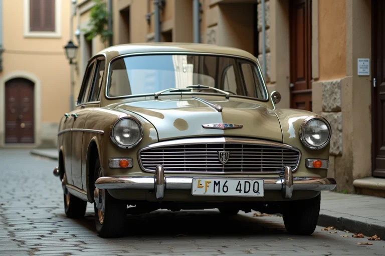 Voiture de collection immatriculée avec une plaque collection garée dans une rue pavée d'un village français