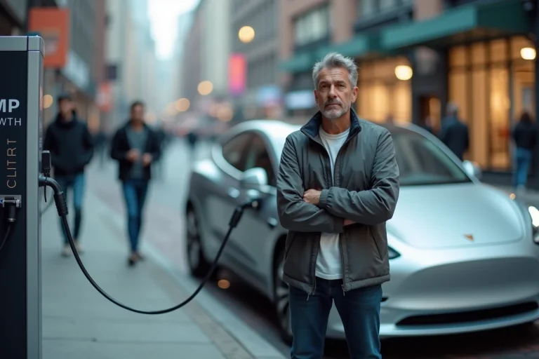 Homme pensif debout à côté d'une voiture électrique branchée à une borne de recharge en milieu urbain