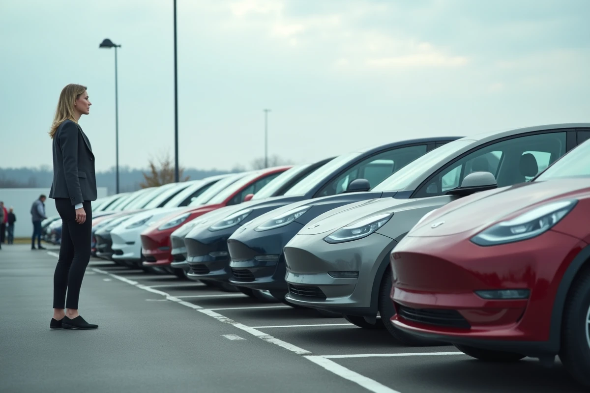 Rangée de voitures électriques invendues dans un parking de concessionnaire automobile sous un ciel couvert