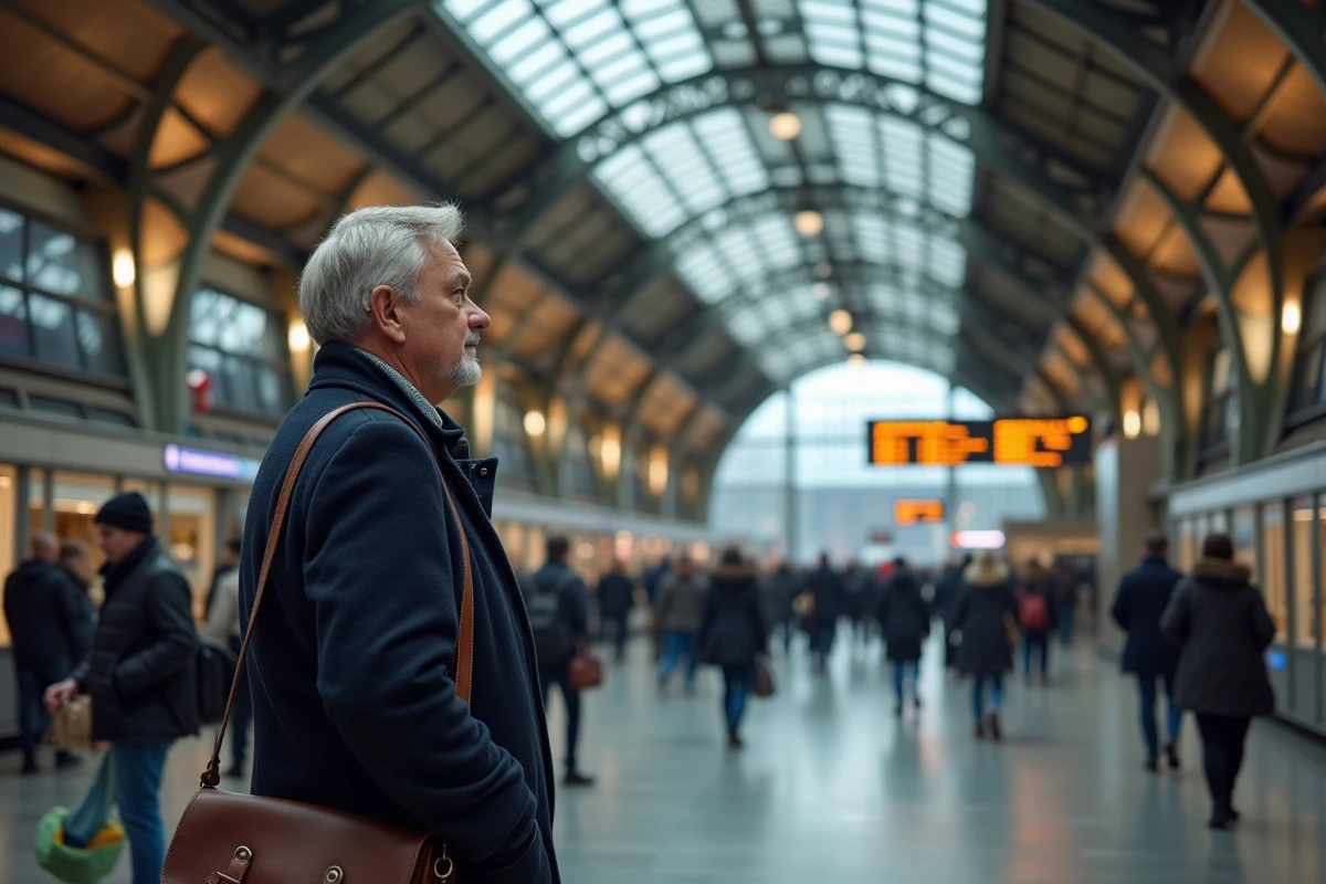 Voyageur consultant un tableau de départ dans une grande gare suisse au design architectural moderne en acier et verre