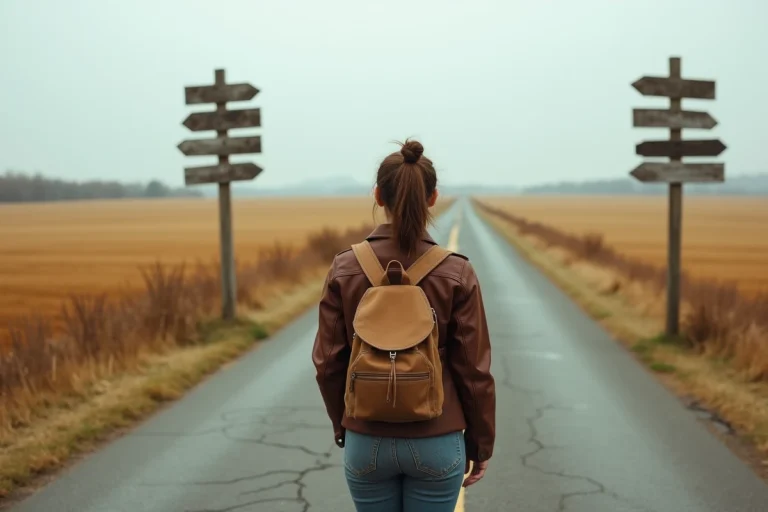 Femme voyageuse debout à un carrefour rural avec des panneaux indicateurs en bois, symbolisant l'aventure et le voyage