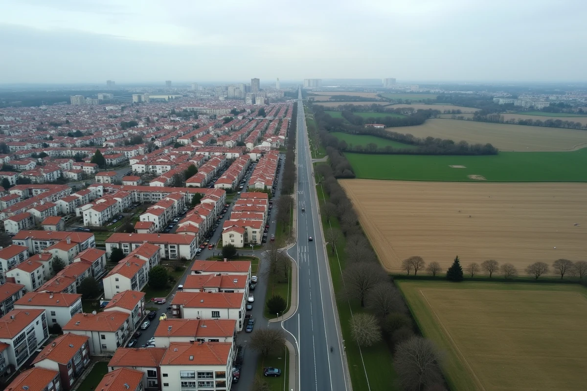 Vue aérienne d'une ville française illustrant la transition entre zone urbaine dense et périphérie rurale